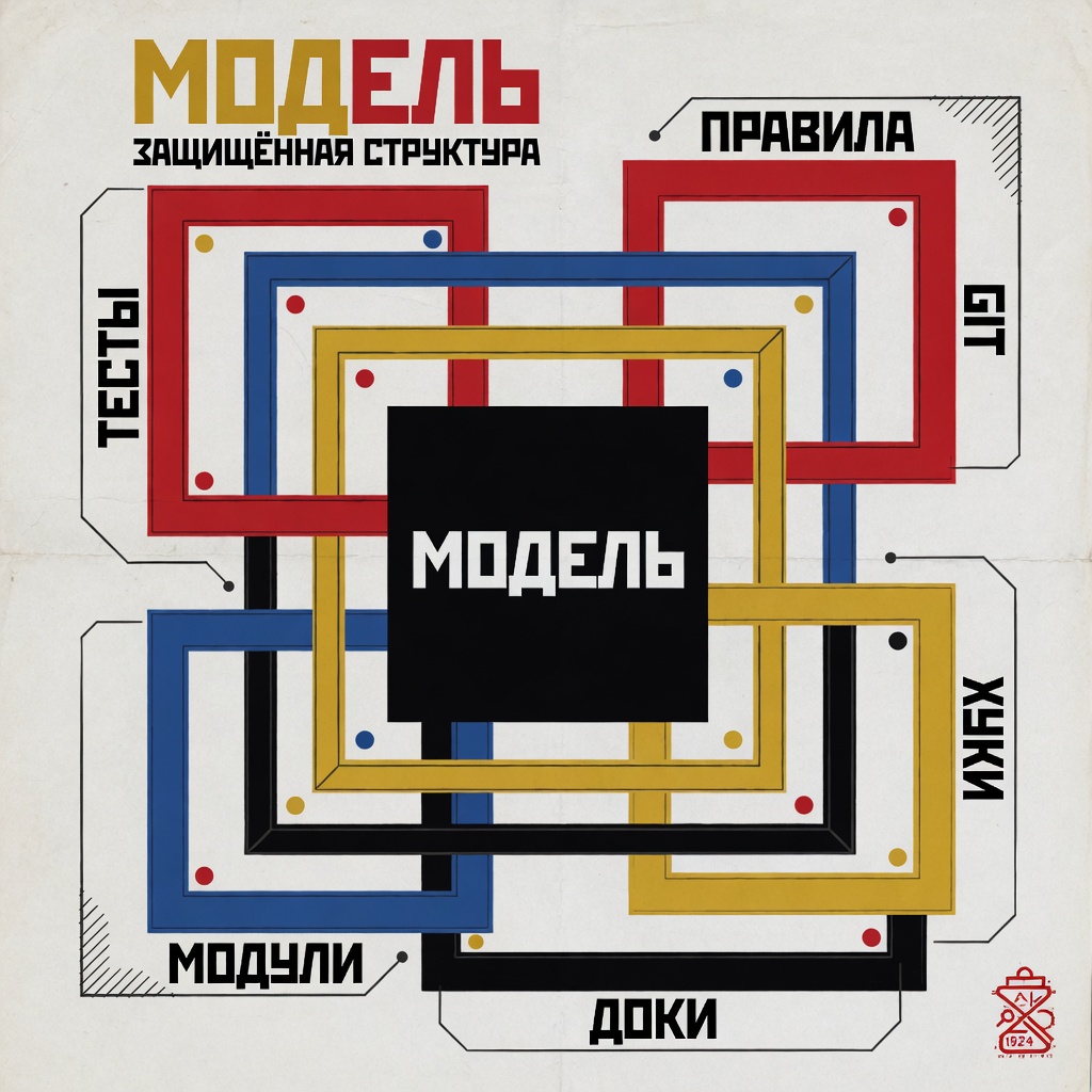 Схема: в центре модель, вокруг слои — правила, git, хуки, доки, модули, тесты